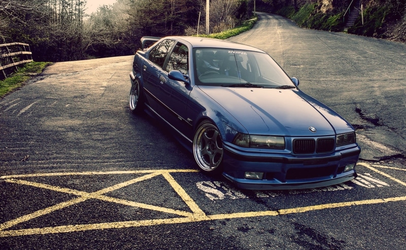 car, 1080P, tuning, road, dark blue, BMW E36
