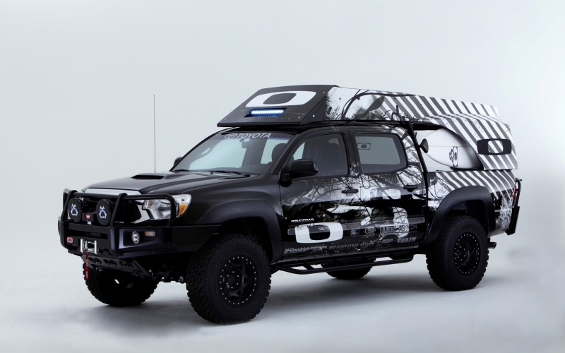 transportation, black, Oakley Surf Tacoma, travel, toy car, white background, still life, mode of transportation, camper, motor vehicle, truck, shell, 4x4
