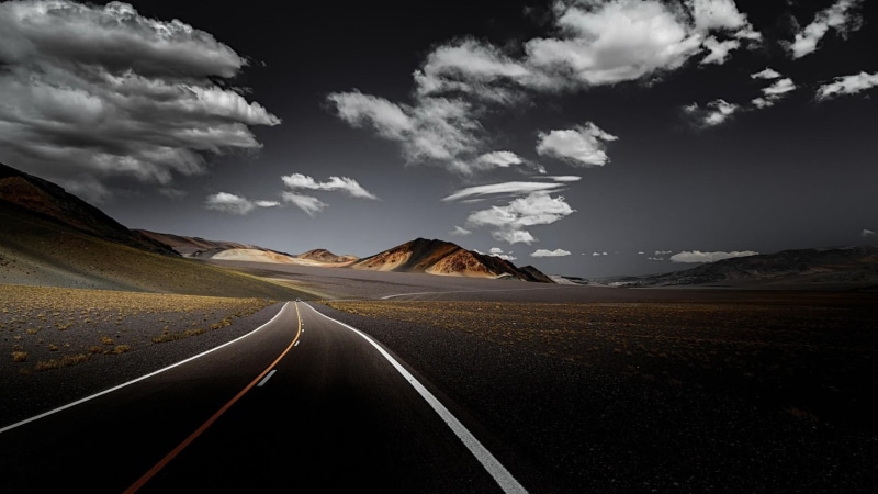 highway, mountain, sky, horizon, fluffy clouds, 1080P, nature, landscape, cloud, dark, road, infrastructure