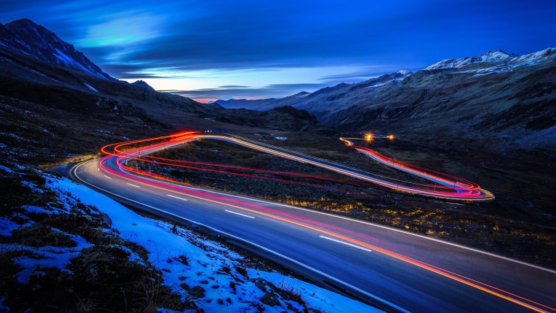 light trails, morning, road, highway, long exposure photography, night, infrastructure, horizon, mountain range, nature, photography, winter, mountain