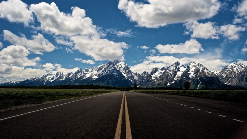 black, dividing line, sign, beauty in nature, road marking, transportation, scenics - nature, 2K, mountain, symbol, asphalt, snowcapped mountain, nature