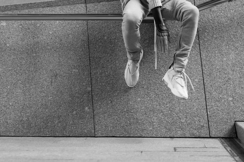 casual clothing, tarmac, bw, 5K, clothing, low section, air fear of god 1, person, lifestyles, flooring, footwear, one person, shoe, leisure activity