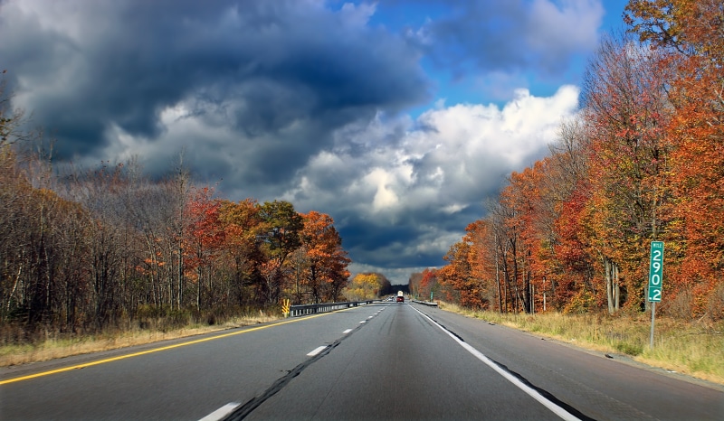 forest, Pennsylvania, cloudy, white, Monroe County, asphalt, Westbound, nature, leaf, road, blue, autumn, creative commons, I-80, clouds, Poconos, highway