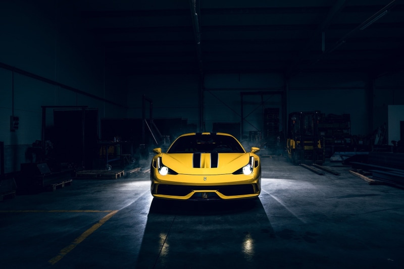 1080P, speciale, car, vehicle, yellow cars, vehicle front, Ferrari, Ferrari 458, lights, Garage, dark, supercars