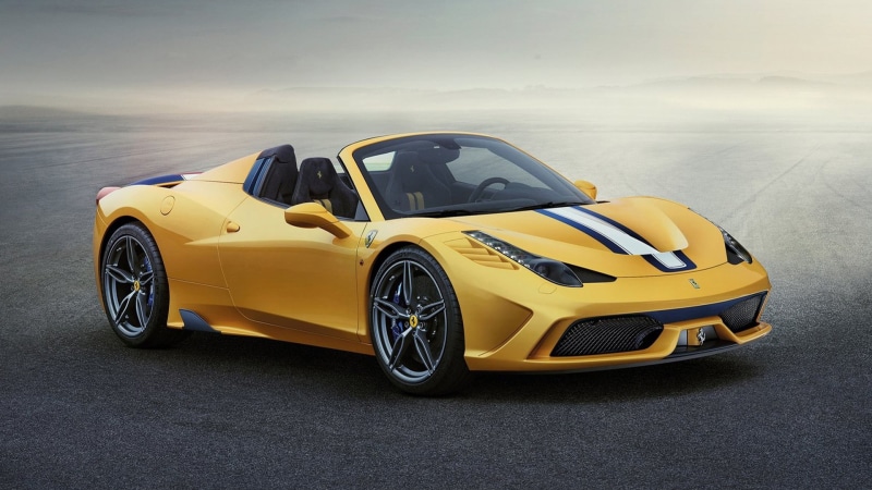 mode of transportation, personal land vehicle, racecar, yellow cars, sports car, outdoors, vehicle, land vehicle, wheel, tire, shiny, sport, road, 2015 Ferrari 458 Speciale A