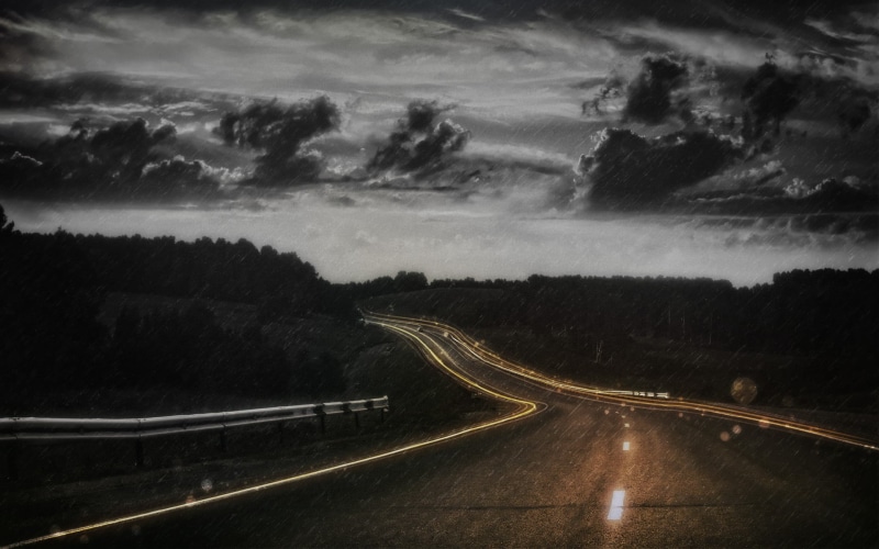 night, lights, highway, landscape, transportation, concrete, cloud - sky, plant, speed, illuminated, road marking, sky, outdoors, clouds, gray, rain, motion