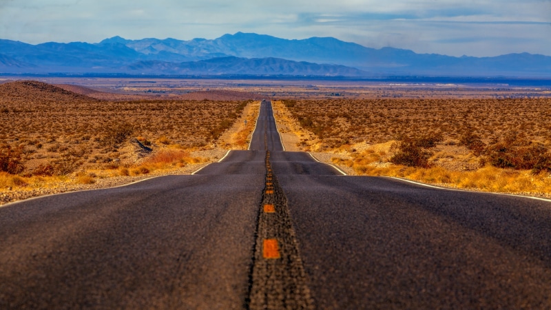 diminishing perspective, desert Road, distance, sky, land, mountain, sand, the way forward, outdoors, scenics - nature, uSA, in between, arid Climate, tarmac