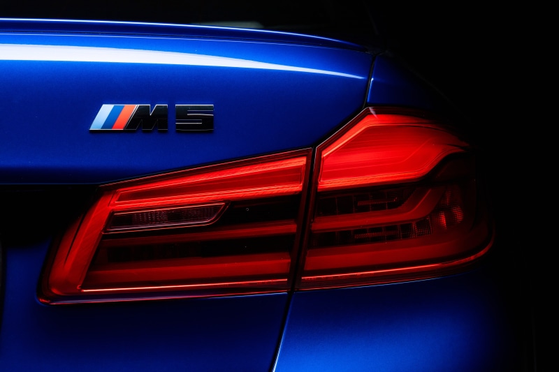 lighting equipment, illuminated, dark, 2019, LED tail lights, motion, red, tail light, light - natural phenomenon, blue, land vehicle, night, BMW M5, high angle view