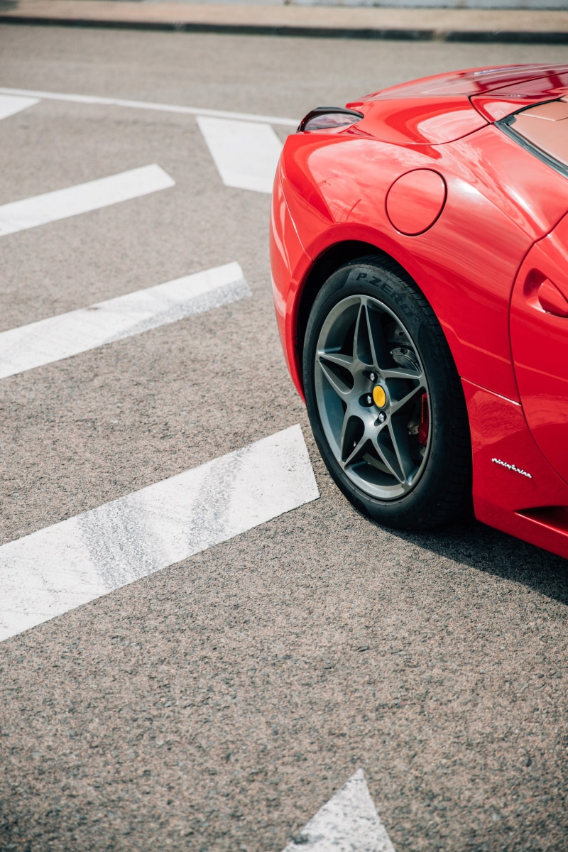 Trip, outside, sportscar, 2K, rear, road marking, day, fuel tank, Race, high angle view, Detail, Red, daylight, car, city, Light, vehicle, way, alloy wheels
