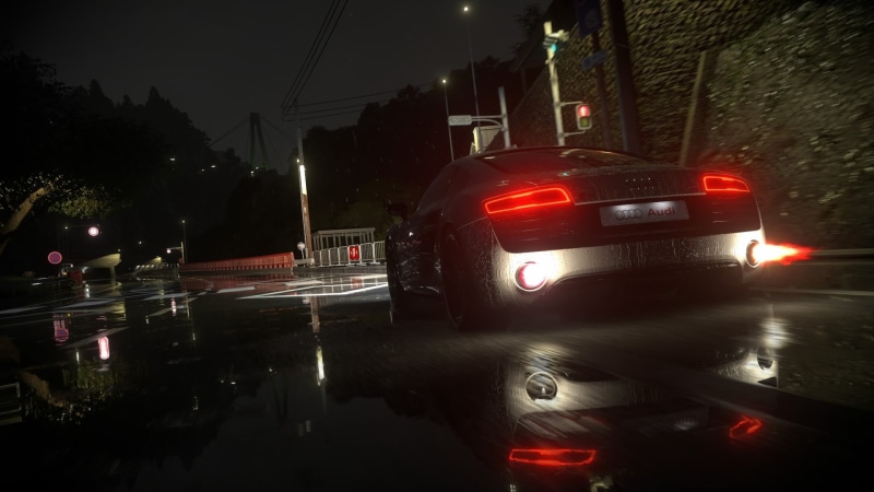video games, Audi R8, motion, reflection, illuminated, city, land vehicle, building exterior, architecture, transportation, rainy season, mode of transportation