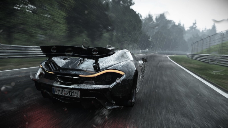 Project CARS, rain, Tail Light, McLaren P1, Spoilers, Trees, 1080P, race cars, video games, digital art, Motion Blur, car, road, Pixelated