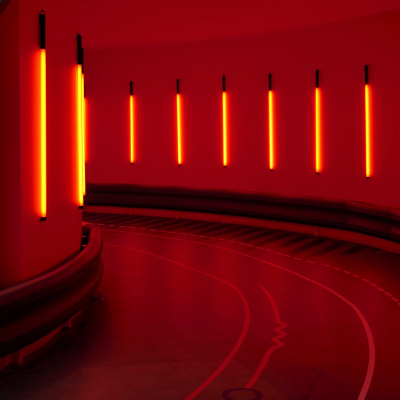 indoors, illuminated, neon, 2K, light, entrance, entrance hall, nightlife, number, glowing, electric light, text, city, dim, no people, architectural column