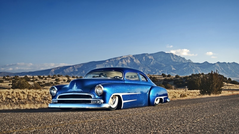 scenics - nature, 1080P, mountain range, Chevrolet, nature, sky, day, desert, hot, rod, vintage car, Hot Rod, mountain, road, land vehicle, travel, motor vehicle