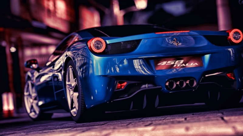 racecar, reflection, street, transportation, motor vehicle, focus on foreground, land vehicle, retro styled, outdoors, retail, mode of transportation, sports