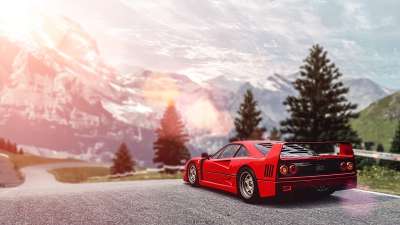 f, sunlight, cloud - sky, Ferrari F40, nature, winter, day, snow, Gran Turismo, video games, tree, transportation, land vehicle, mountain, motor vehicle