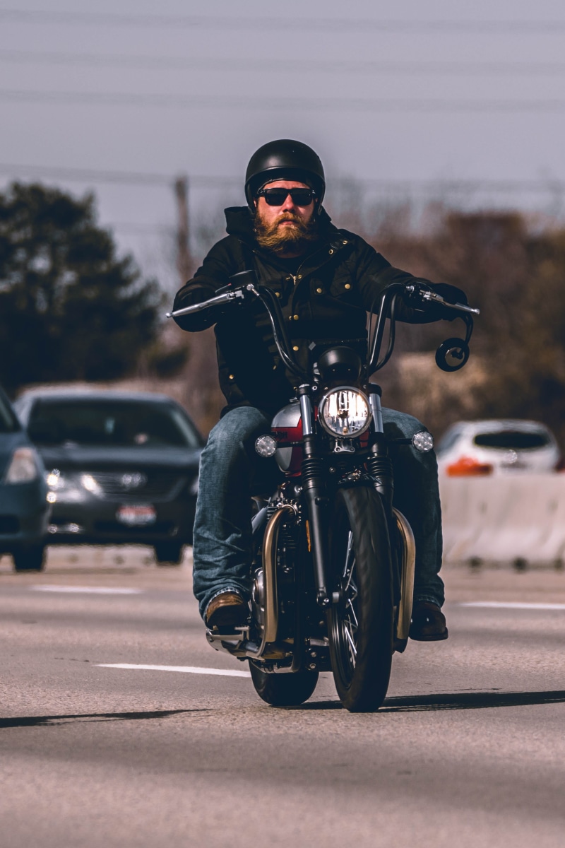 motor vehicle, vehicle, fashion, motorbike, mature men, front view, outfit, biker, 4K, sunglasses, mode of transportation, highway, glasses, black color