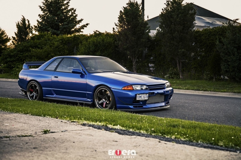road, car, land vehicle, sky, street, retro styled, Nissan, 720P, nature, blue, plant, mode of transportation, transportation, Nissan Skyline R32, no people