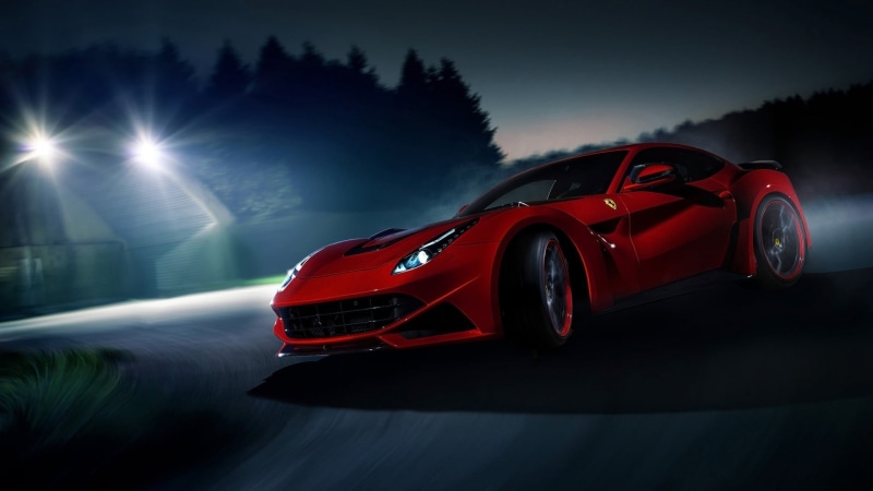 land vehicle, car, tire, nature, 1080P, blurred motion, tree, Ferrari-F12, outdoors, tail light, speed, red, illuminated, luxury, driving, night, sports car
