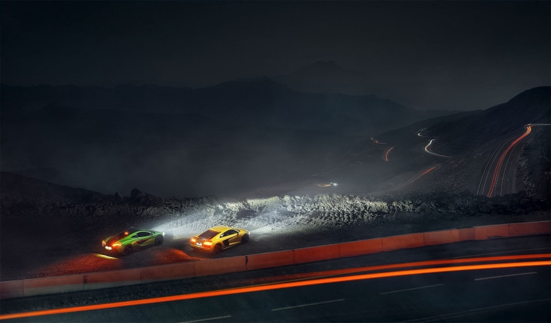 sports, yellow, mountain, illuminated, car, McLaren, night, blurred motion, cars, motion, on the move, transportation, supercars, highway, motor vehicle
