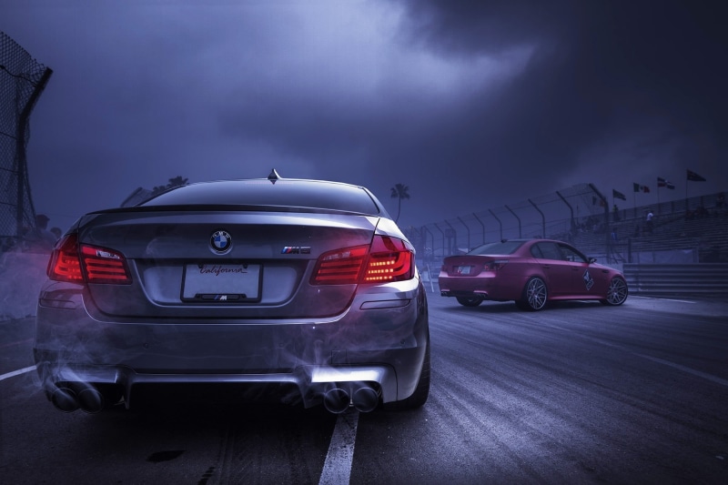 back, silvery, stationary, street, exhaust pipe, BMW, no people, 1080P, car, travel, the sky, vehicle, silver, city, transportation, tail light, e60, night