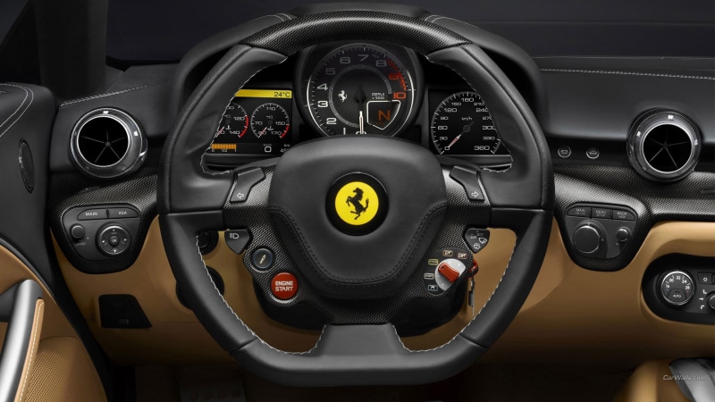 Ferrari F12, ferrari, number, steering, black, vehicle interior, dashboard, no people, mode of transportation, transportation, control panel, steering wheel