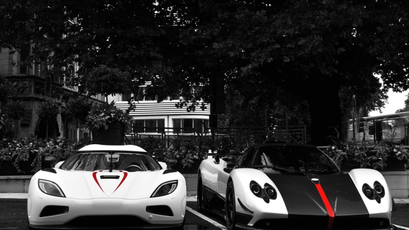 no people, car, outdoors, tree, mode of transportation, building exterior, black, road, city, built structure, transportation, in a row, day, Pagani Zonda Cinque