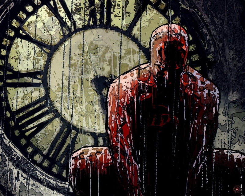 720P, rain, comic art, Marvel Comics, Daredevil, clocks, red eyes