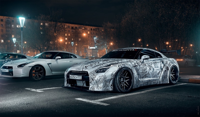 GT-R, Nissan, Tuning, Auto, by Mikhail Sharov, Mikhail Sharov, Parking, Machine, 1080P, Nissan GT-R, Sports car, Moscow, Tattooed, Night