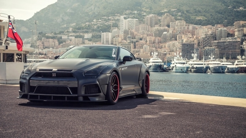 mode of transportation, transportation, water, land vehicle, Nissan GT-R R35, car, sports, motor vehicle, coupe, architecture, Monaco, day, outdoors, mountain
