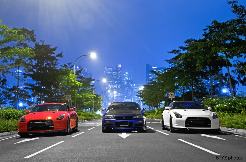 sky, travel, road, Nissan Skyline GT-R R35, motion, blue, architecture, outdoors, plant, nature, street, tree, no people, motor vehicle, transportation