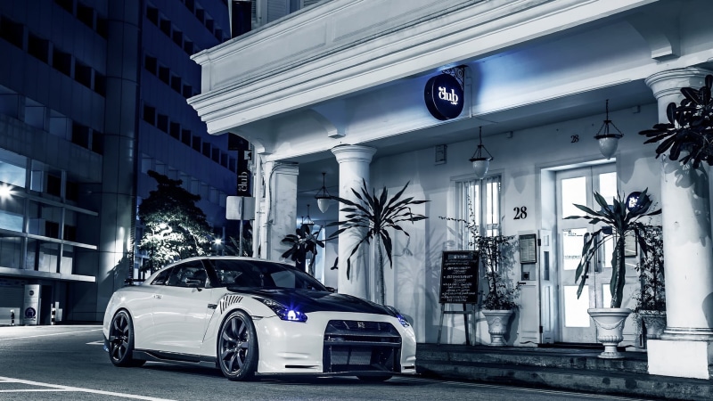 transportation, hatchback, garage, white, stationary, luxury, night, street, wealth, building exterior, 1080P, built structure, JDM, car, outdoors, motor vehicle