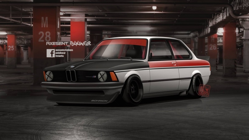 architecture, digital art, stationary, BMW, front angle view, red, indoors, BMW 3, illuminated, no people, German cars, land vehicle, BMW M3 E30, city