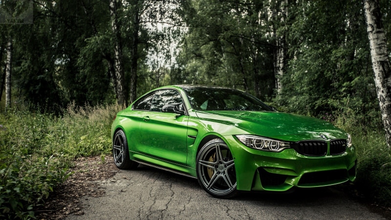 BMW M4, car, 720P, green car, outdoors, forest