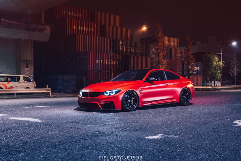 red cars, city, outdoors, architecture, 1080P, building exterior, built structure, BMW, illuminated, red, travel, night, BMW M4, road, vehicle, no people