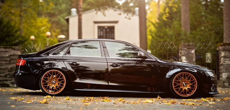 speed, autumn, street, city, the past, transportation, engine, technology, sedan, nature, leaves, leaf, tire, Audi A4 B8, plant, land Vehicle, focus on foreground
