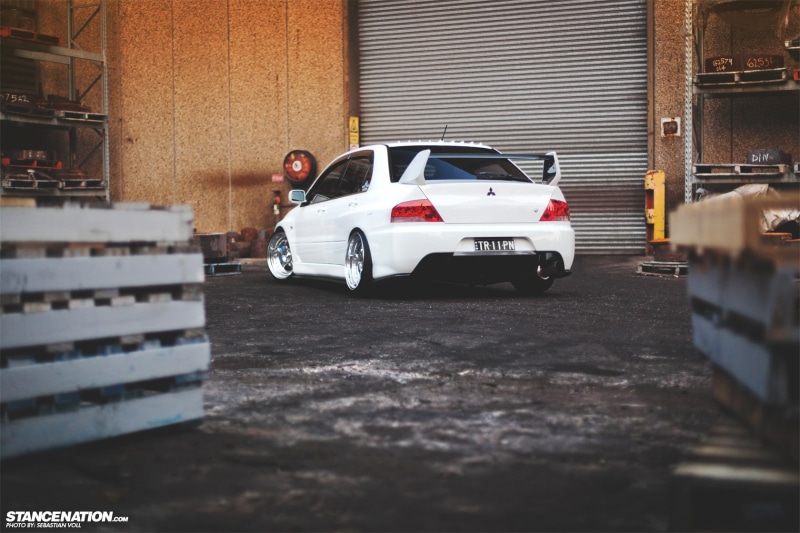 land vehicle, outdoors, mode of transportation, no people, garage, motor vehicle, Stance, Mitsubishi Lancer EVO, car, vintage car, sports car, day, luxury