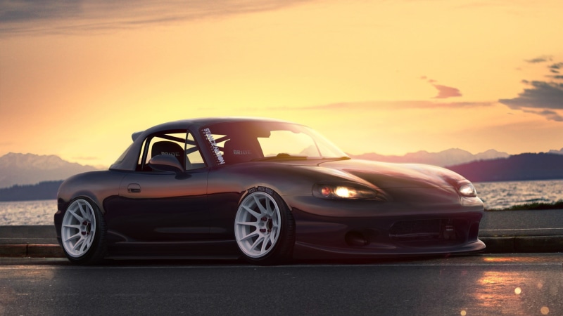 motor vehicle, Stance, Mazda, car, golden, orange color, outdoors, sky, land vehicle, vehicle, luxury, nature, mode of transportation, men, 2K, Mazda MX-5