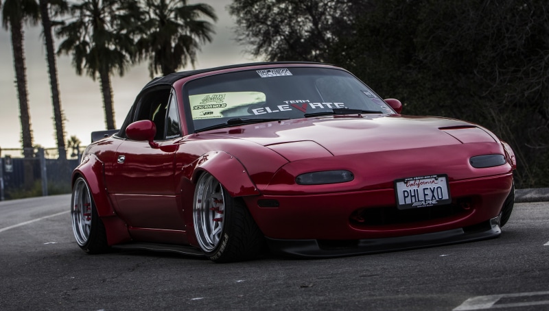 red cars, Rocket Bunny, Mazda, Mazda MX-5, Los Angeles, vehicle, MX-5, sunset, mx5, car, miata, widebody, 4K