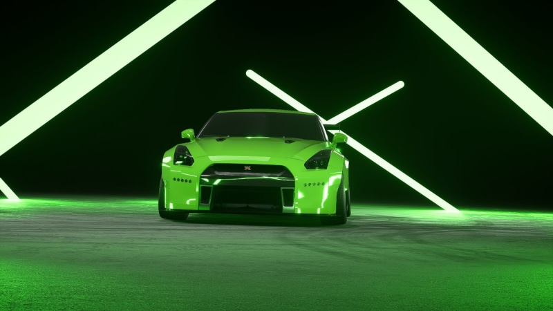 road, outdoors, land vehicle, green color, 1080P, Nissan GTR, mode of transportation, technology, futuristic, lights, renewable energy, no people, travel