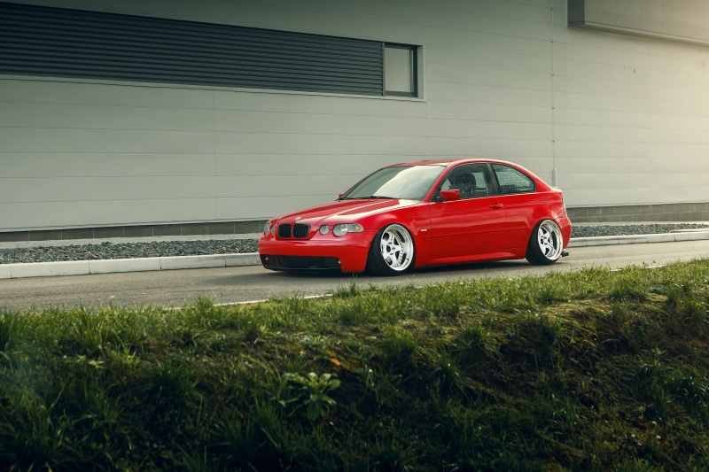 city, Stance, outdoors, car, garage, mode of transportation, grass, E46 Compact, built structure, day, plant, stationary, street, BMW E46, BMW, BMW 3, 2K