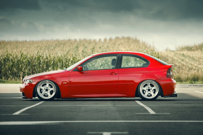 day, BMW, no people, road, 2K, red, E46 Compact, road marking, outdoors, plant, BMW E46, focus on foreground, sky, nature, sign, Stance, selective focus