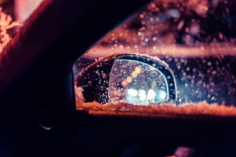 top, reflection, car interior, view, water, evening, rain, lights, cold, snowy, side-view mirror, snow, cars, car, calamity, mirror, city, rear view, wet