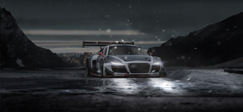 cold temperature, 4K, water, winter, snow, CAR ART, VIRTUAL TUNING, night, land vehicle, car, nature, motor vehicle, outdoors, one person, WCP, transportation