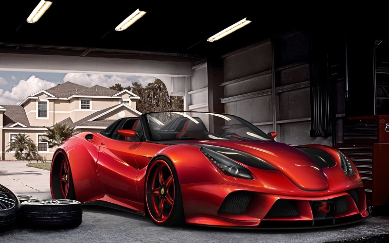 car, transportation, built structure, motor vehicle, modern, land vehicle, Virtual Tuning, garage, 2K, The Ferrari F12 Berlinetta, indoors, wheel, retail