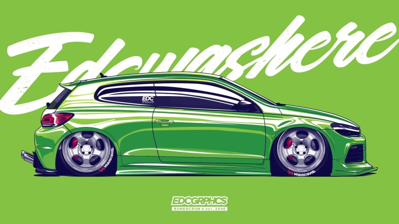 green color, retro styled, architecture, 1080P, sports car, EDC Graphics, chrome, vintage car, driving, mode of transportation, Volkswagen Scirocco, text