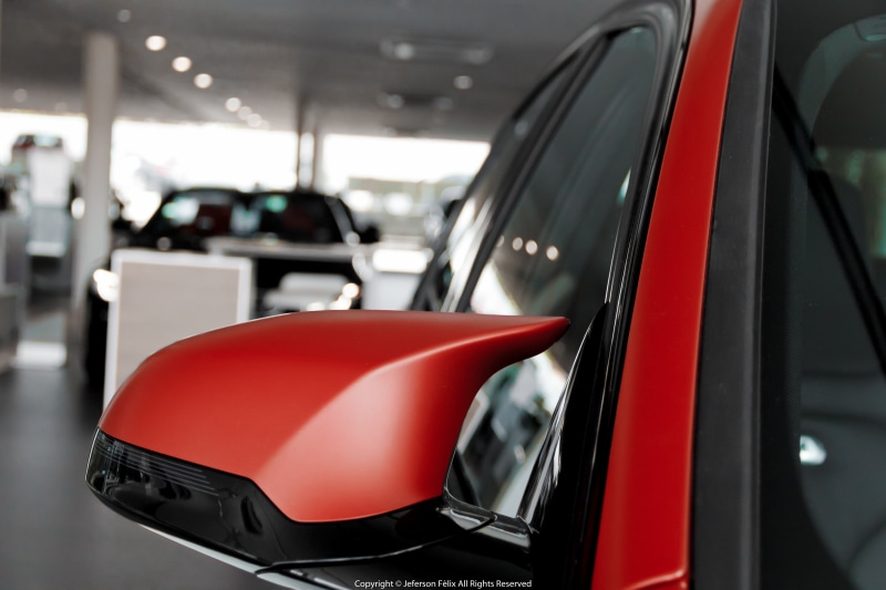 close-up, focus on foreground, vehicle mirror, public transportation, selective focus, modern, BMW, luxury, travel, 5K, motor vehicle, stationary, mode of transportation