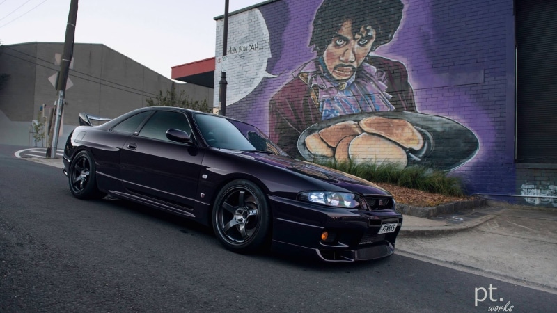 road, JDM, 1080P, Nissan, Nissan Skyline GT-R R33, street art, Nissan Skyline, purple cars, Nissan Skyline GT-R, street, asphalt, Japanese cars, Prince