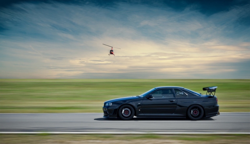 helicopters, black cars, Skyline R34, helicopter, 1080P, race cars, GTR R34, skyline gtr, Nissan GT-R R32, drift cars, vehicle
