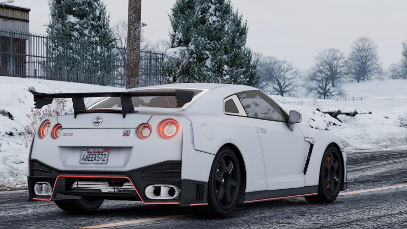 transportation, coupe, land vehicle, plant, Nissan GT-R NISMO, day, car, Grand Theft Auto V, 1080P, no people, architecture, snow, winter, street, Nissan GT-R