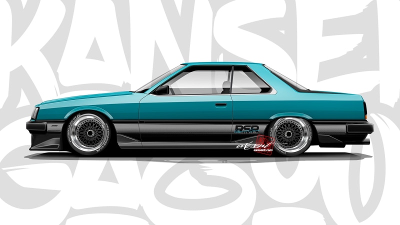 Nissan HR31 Skyline, render, luxury, Axesent Creations, western script, no people, mode of transportation, retro styled, Nissan, wealth, land vehicle, R31 Skyline